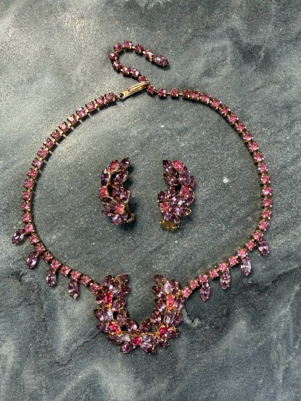 Vintage Juliana Delizza & Elster Pink Crystal Necklace Clip-On Earring Set